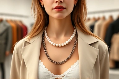 Woman layering pearl and chain necklaces, modern fashion