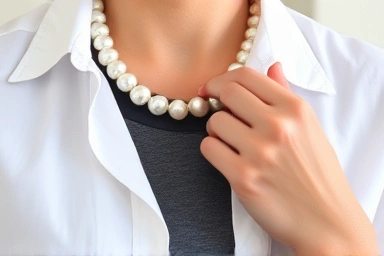 Detail of pearl necklace styled casually with shirt and t-shirt