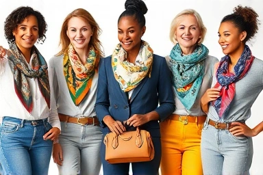Stylish people wearing petit scarves in various fashionable ways.