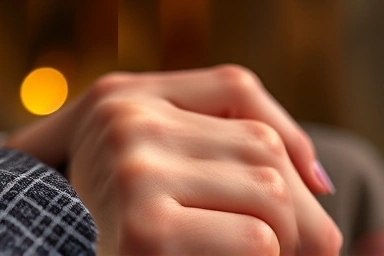 Delicate silver pinky ring with fish motif on woman's hand.