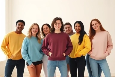 Stylish people wearing different colored plain sweatshirts.