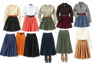 Flat lay of pleated skirts with tops and accessories.