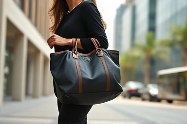 Woman with Prada Re-Nylon bag on a sustainable city street.