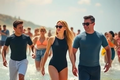 People wearing various stylish and functional rash guards at a sunny beach.