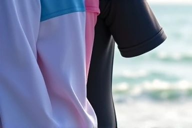 Close-up textures of rash guard fabrics emphasizing UPF 50+ and quick-dry.
