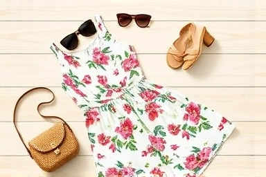 Summer fashion flat lay with rattan crossbody bag