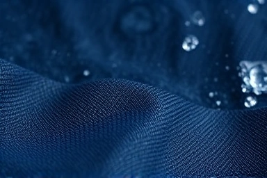 Raw denim fabric texture with water and salt crystals.