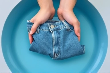 Hands washing raw denim jeans in cool, tinted water.