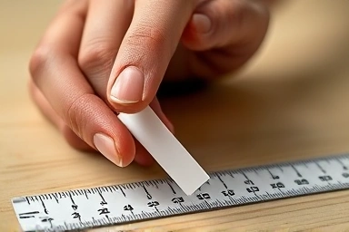 Measuring finger circumference with paper and ruler for ring size.