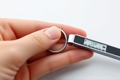 Measuring inner diameter of a ring with calipers for accurate sizing.