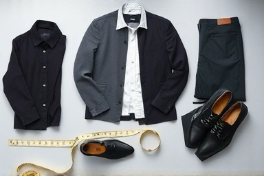 Sandro Homme fashion flat lay with tape measure symbolizing sizing.