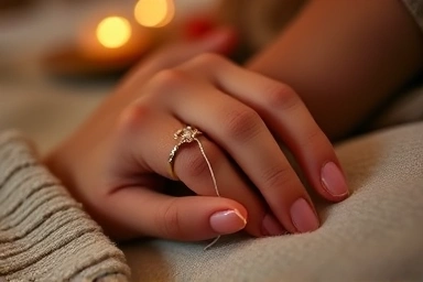 Woman's sleeping hand with thread around finger for ring size measurement