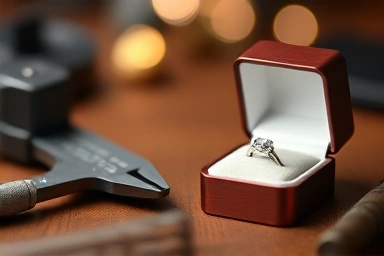 Jewelry tools and ring box symbolizing proposal ring size accuracy