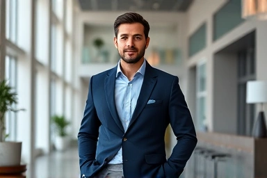Stylish man in navy blazer, light blue shirt, grey trousers, modern office.