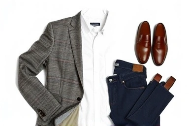 Men's fashion flat lay: blazer, shirt, jeans, loafers, watch.