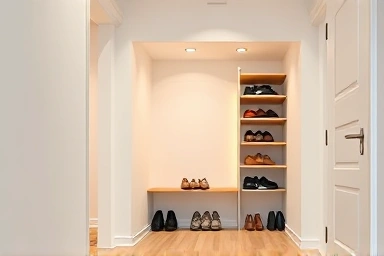 Organized shoe closet with tension rod maximizing space.