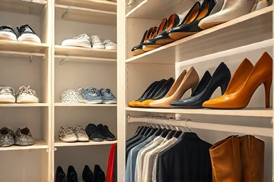 Smart shoe storage solutions using vertical space and tension rods.
