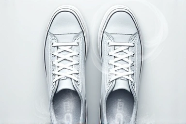 Clean sneakers with fresh mist, symbolizing odor elimination.
