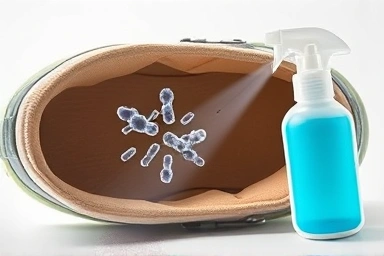 Microscopic bacteria neutralized by sterile light beam inside shoe.