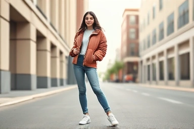 Stylish young woman in fashionable short puffer jacket and jeans.