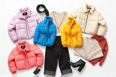 Flat lay of short puffer jackets and complementary fashion items.