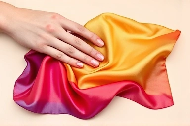 Luxurious silk scarf with vibrant colors being smoothed.