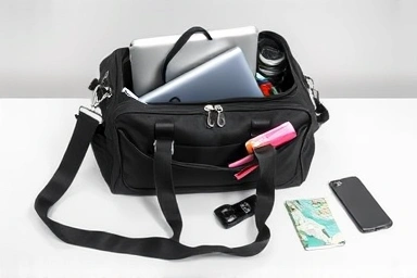 Stylish and organized carry-all bag on a minimalist desk.