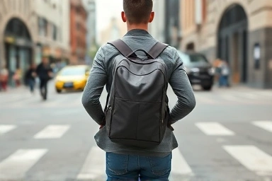 Person using a functional carry-all backpack in a city.