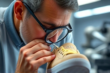 Expert authenticating luxury sneaker with magnifying glass in clean lab.