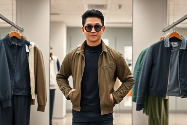 Man trying on different fits of designer clothing in a store.
