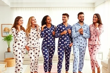 Happy young adults enjoying Spao pajamas, showing connection.