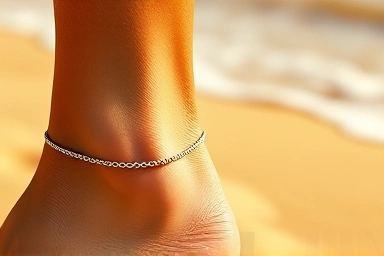 Elegant silver anklet on a woman's ankle, beach background.