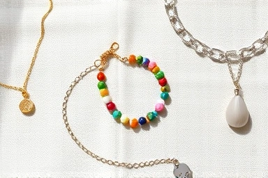 Assortment of stylish summer anklets laid out artfully.