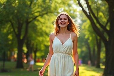 Woman in cool linen dress enjoying summer park