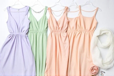 Pastel summer dresses, silver jewelry, elegant flat lay.