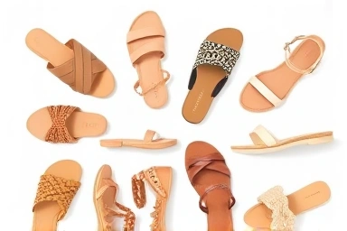 Collection of diverse women's summer sandals arranged neatly.
