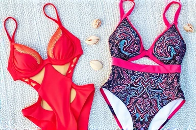 Elegant monokini and sporty high-waisted bikini on beach towel