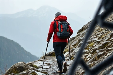 Hiker in functional techwear braving rain on a mountain.