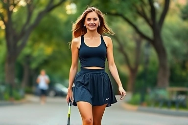 Woman wearing a tennis skirt and stylish top in a park.