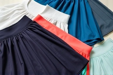 Close-up of various textured tennis skirt fabrics and colors.