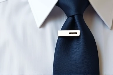 Perfectly placed silver tie clip on navy tie and white shirt.