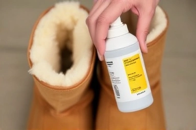 Close-up of ugg boots receiving protective spray treatment.