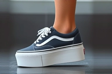 Close-up of Vans Old Skool Platform sneaker fitting a woman's foot.