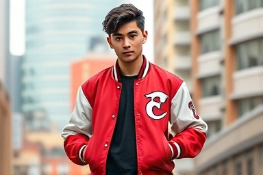 Young adult wearing a stylish varsity jacket expressing individuality.