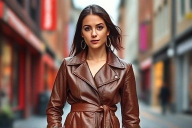 Woman wearing a stylish vegan leather jacket outdoors