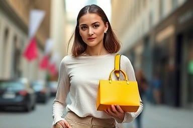 Woman with vivid accessory on neutral outfit