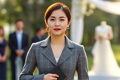 Elegant Korean woman in tweed jacket at wedding.