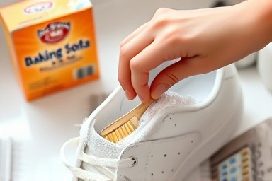 Cleaning white sneakers with baking soda and toothbrush.