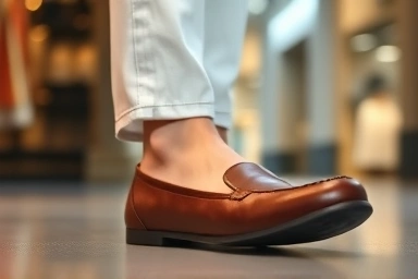 Stylish wide-fit shoes on feet, conveying comfort and fashion.