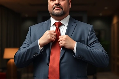 Man tying Windsor knot tie, confident, professional.